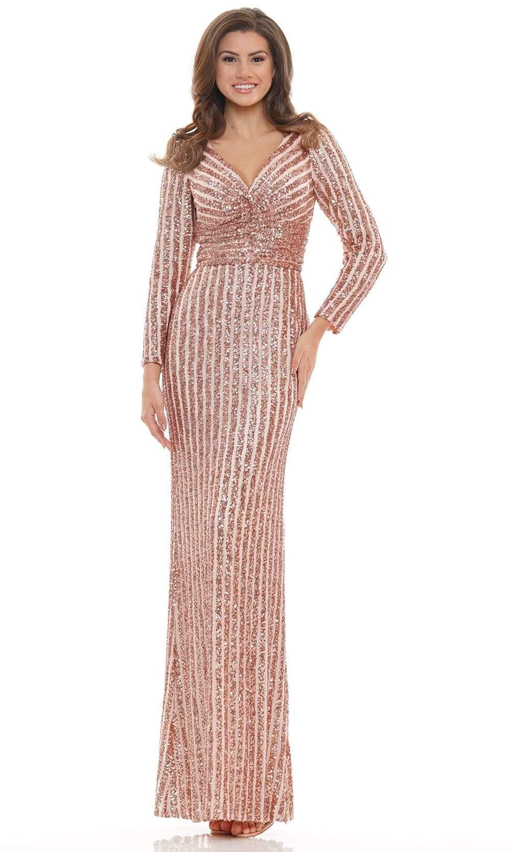 Colors Dress - G1042SL Long Sleeve Stripe Sequin Gown - Silhouette Dresses