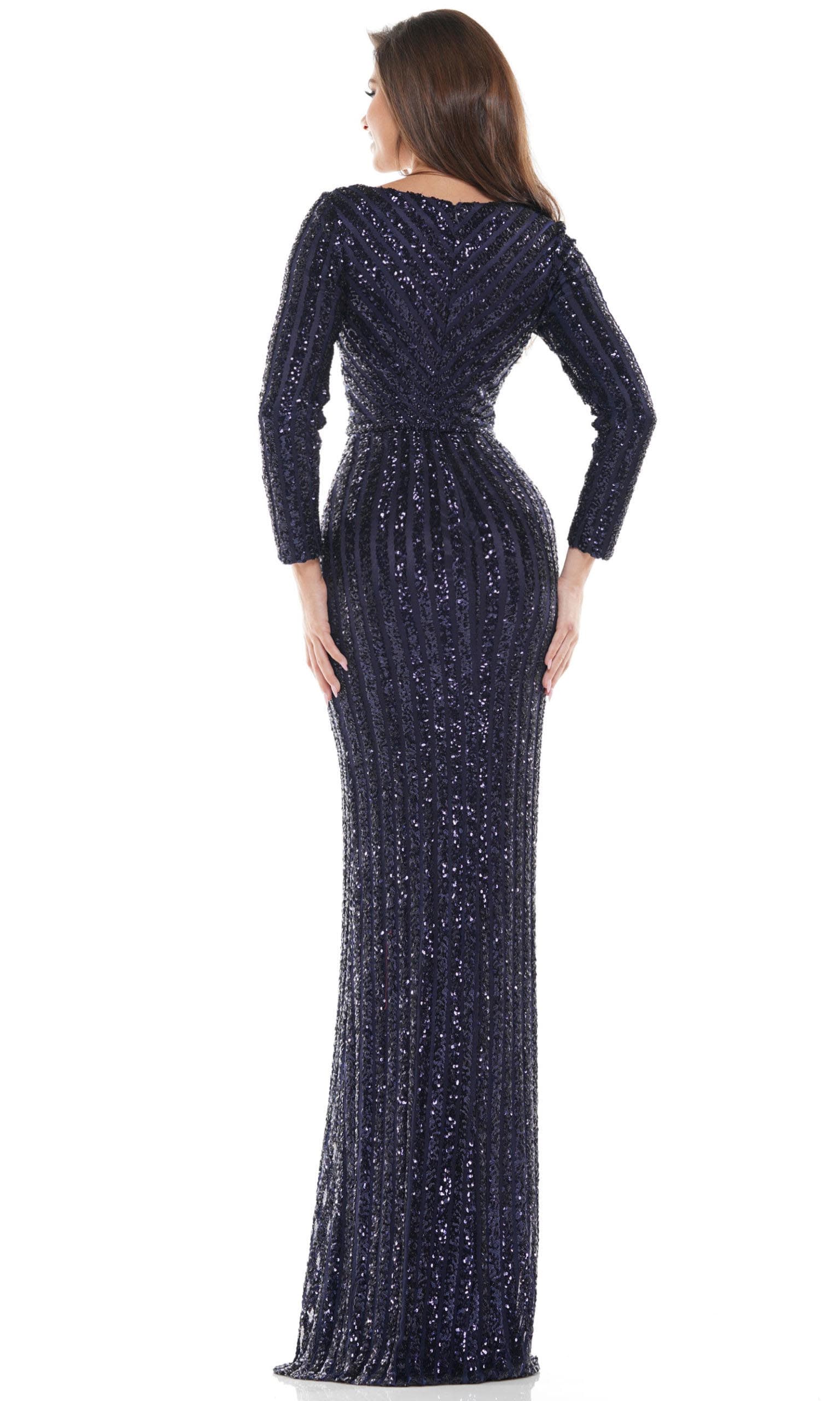 Colors Dress - G1042SL Long Sleeve Stripe Sequin Gown - back view