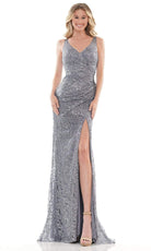 Colors Dress - G1074 V-Neck Ruched Sequin Dress - designer prom dress at Silhouette Dresses