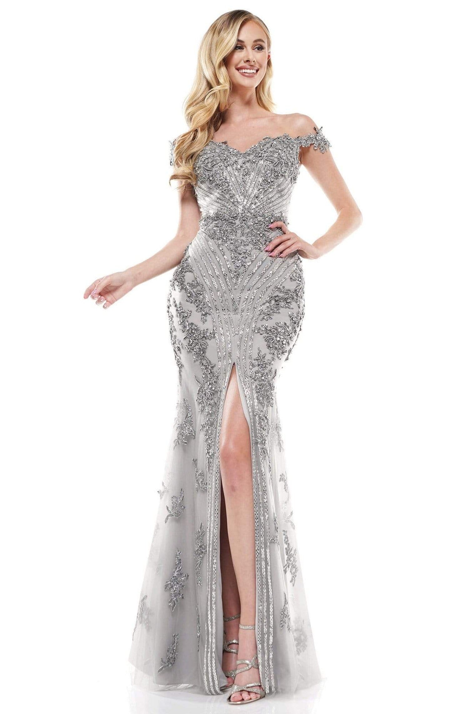 Colors Couture - J131 Off-Shoulder Embellished Trumpet Simple Prom Dress