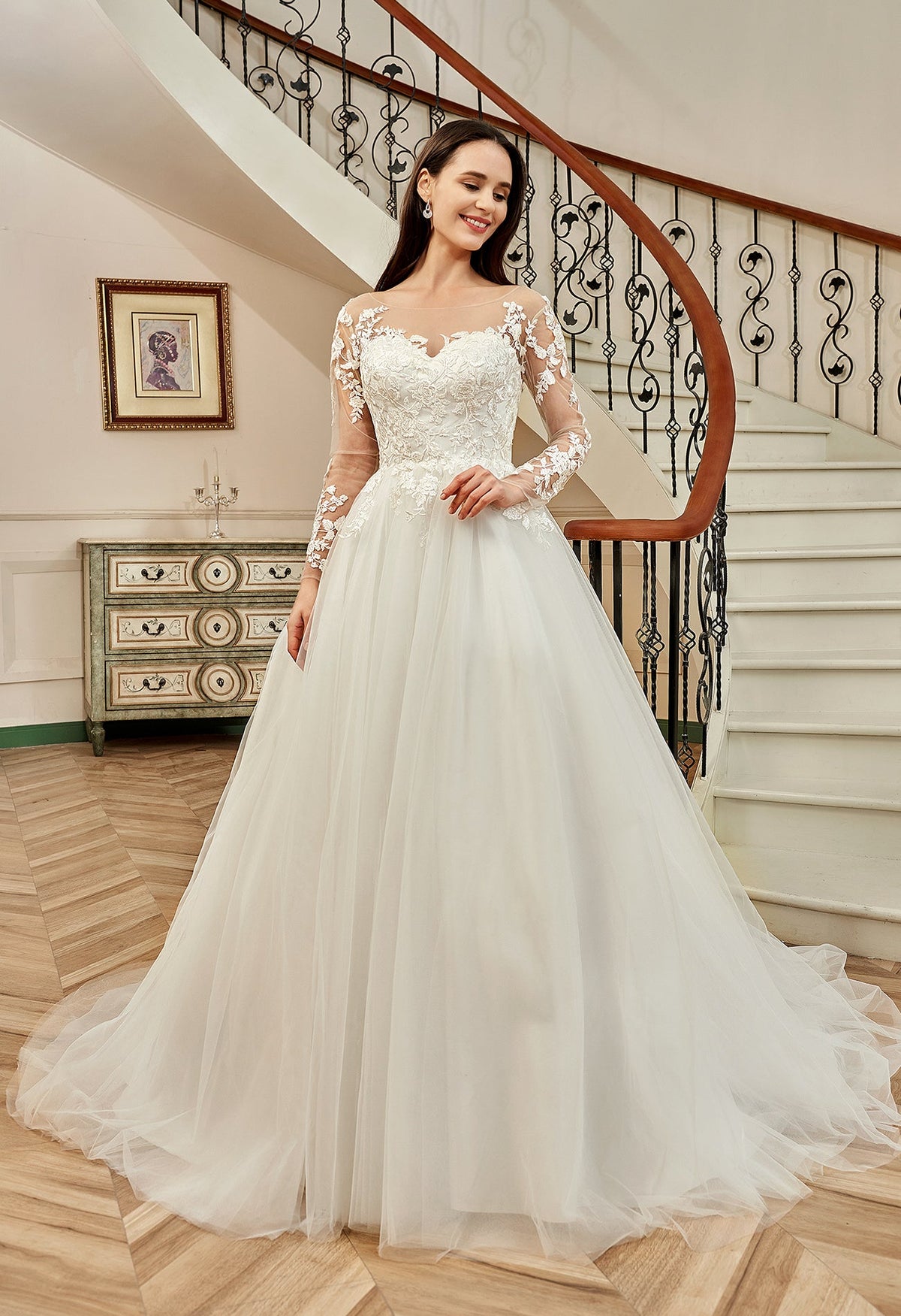Farah AB HW2178 long-sleeve lace a-line wedding dress — view 1