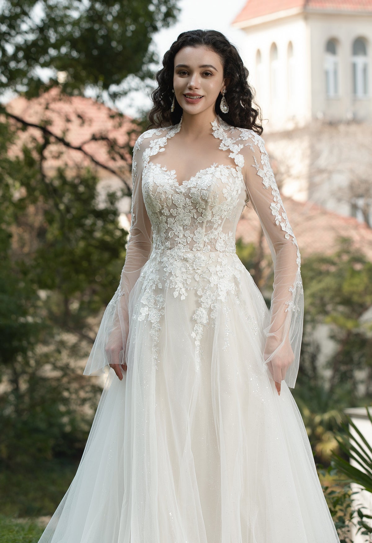 Farah AB HW3579 floral lace bell-sleeve wedding dress — view 1