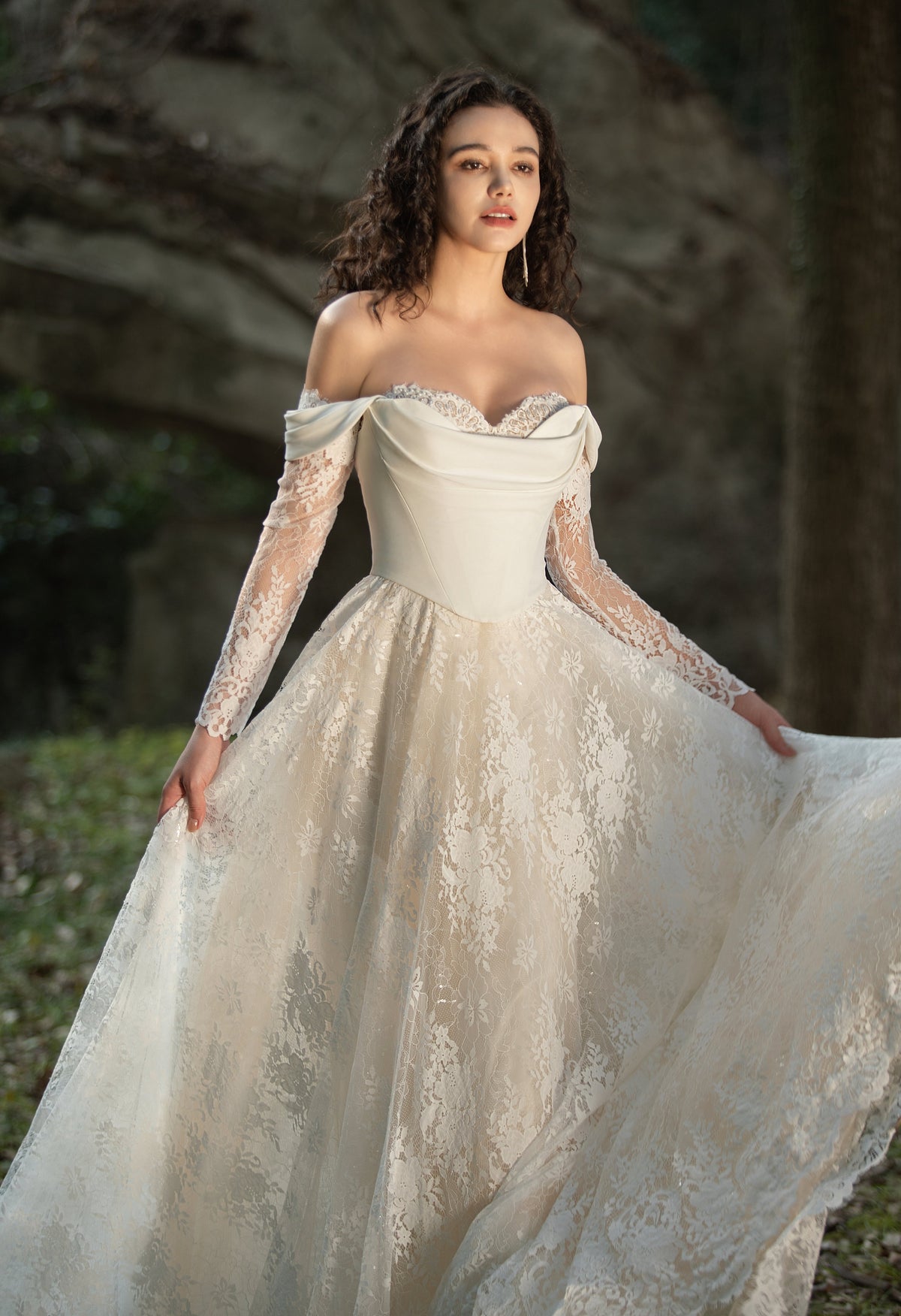 Farah AB HW3605 draped-bodice lace wedding dress — view 1