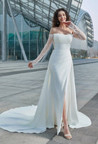 Farah AB HW3626 lace-sleeve slit wedding dress — view 1