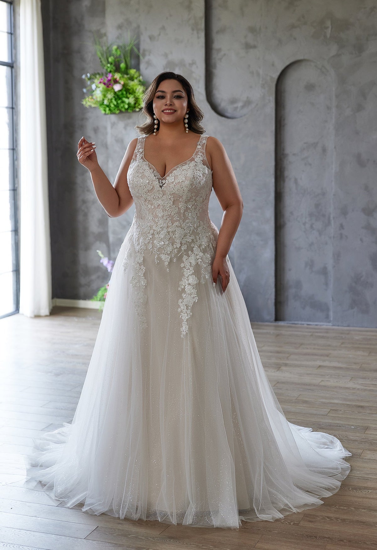 Farah AB HW3677 v-neck lace a-line wedding dress — view 1