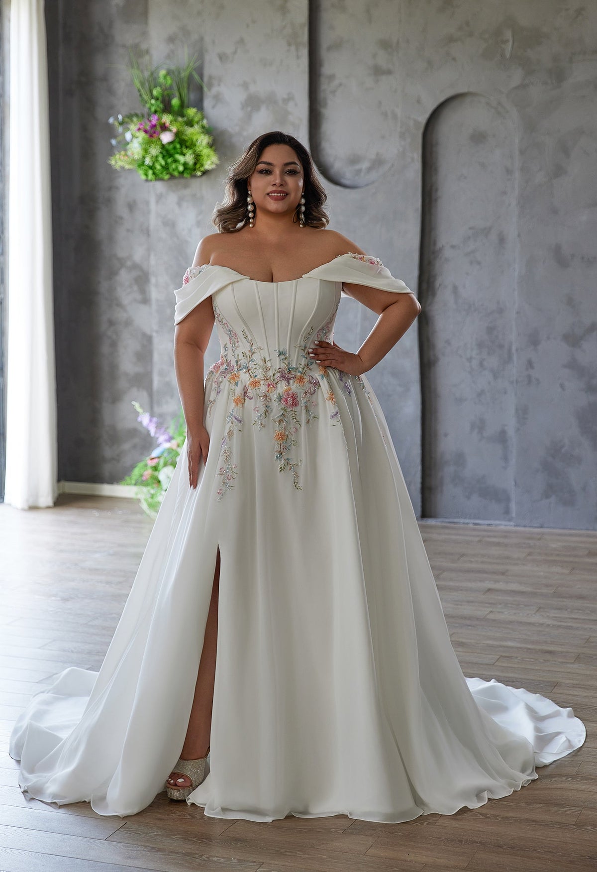 Farah AB HW3686 floral-waist slit wedding dress — view 2