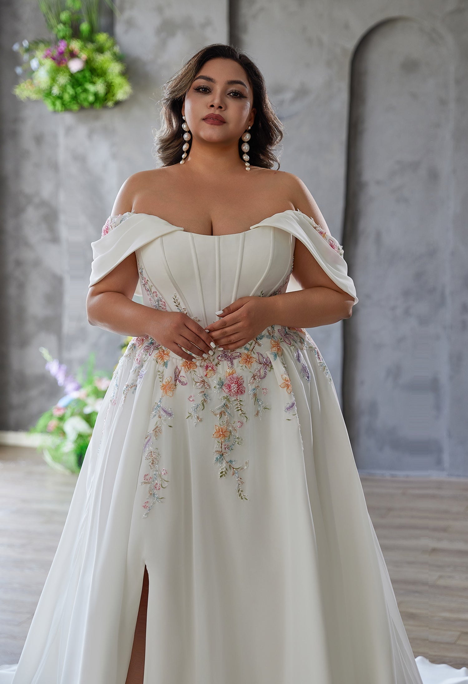 Farah AB HW3686 floral-waist slit wedding dress — view 3