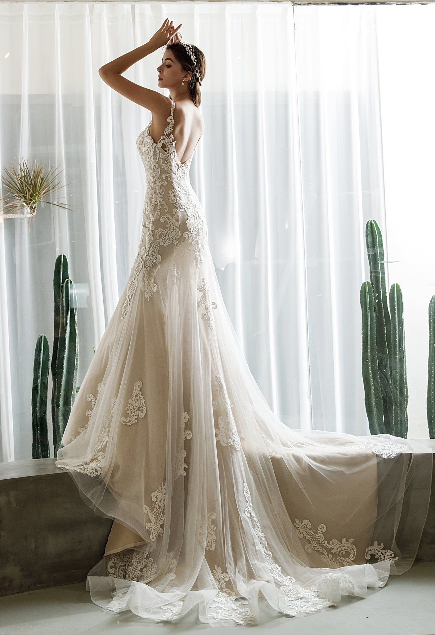 Farrah Couture HW2530 Floral Lace Fit-and-Flare Wedding Dress - Silhouette Dresses