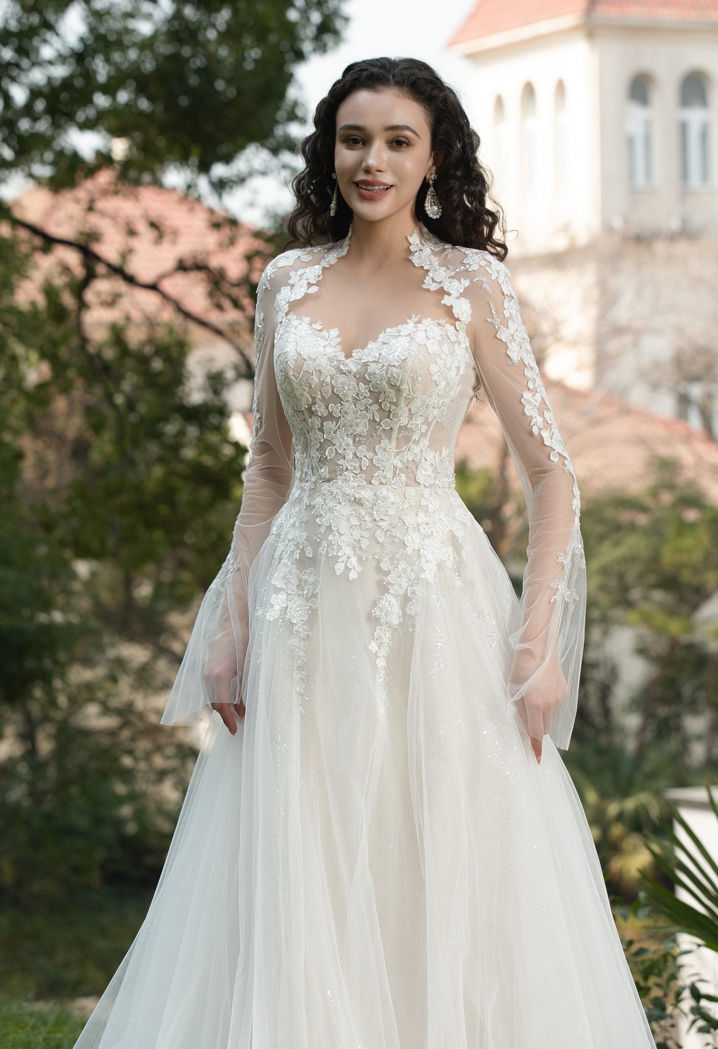 Farrah Couture HW3579 Floral Lace Bell-Sleeve Wedding Dress - Silhouette Dresses