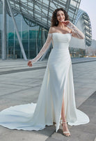 Farrah Couture HW3626 Lace-Sleeve Slit Wedding Dress - Silhouette Dresses
