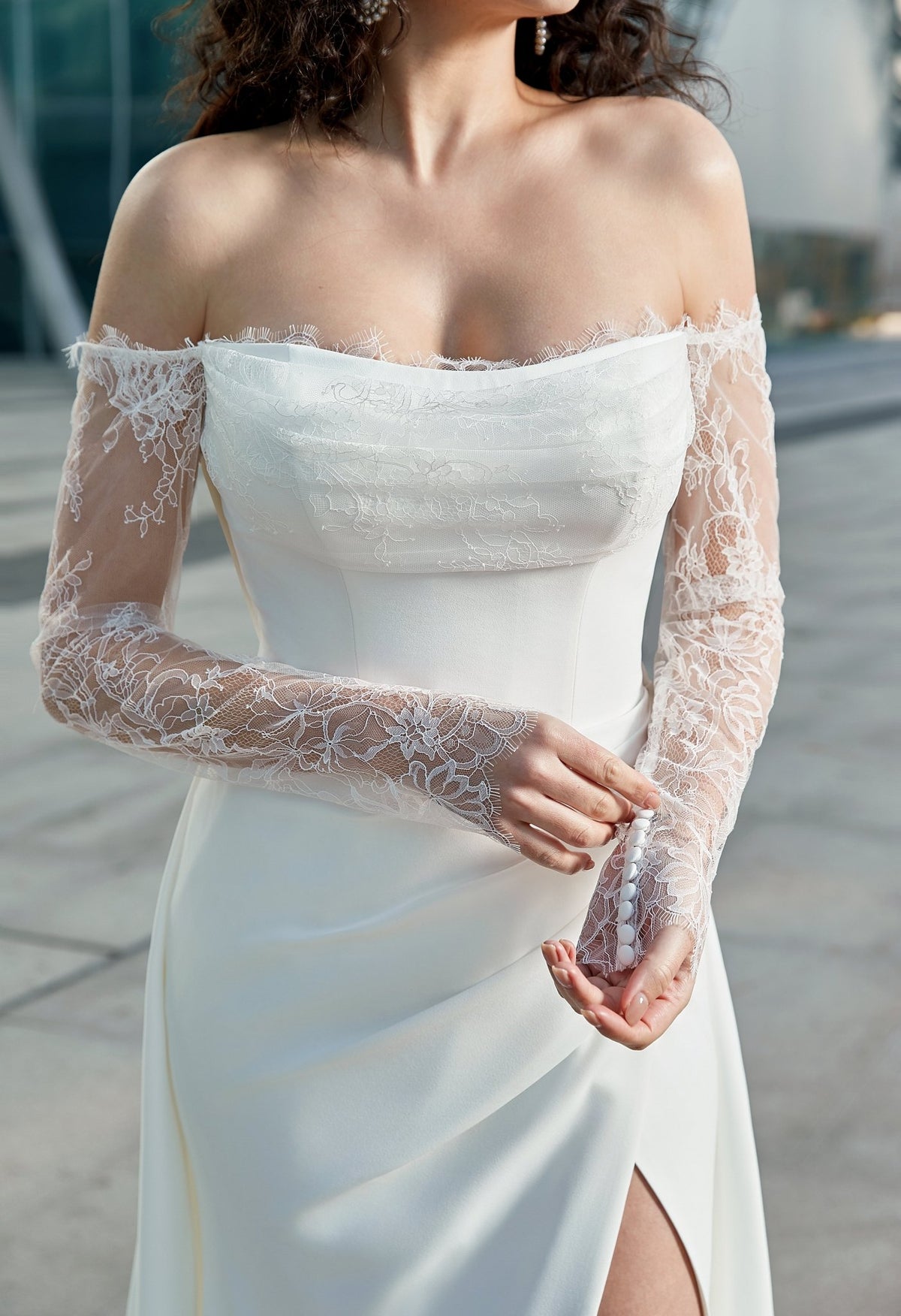 Farrah Couture HW3626 Lace-Sleeve Slit Wedding Dress - Silhouette Dresses