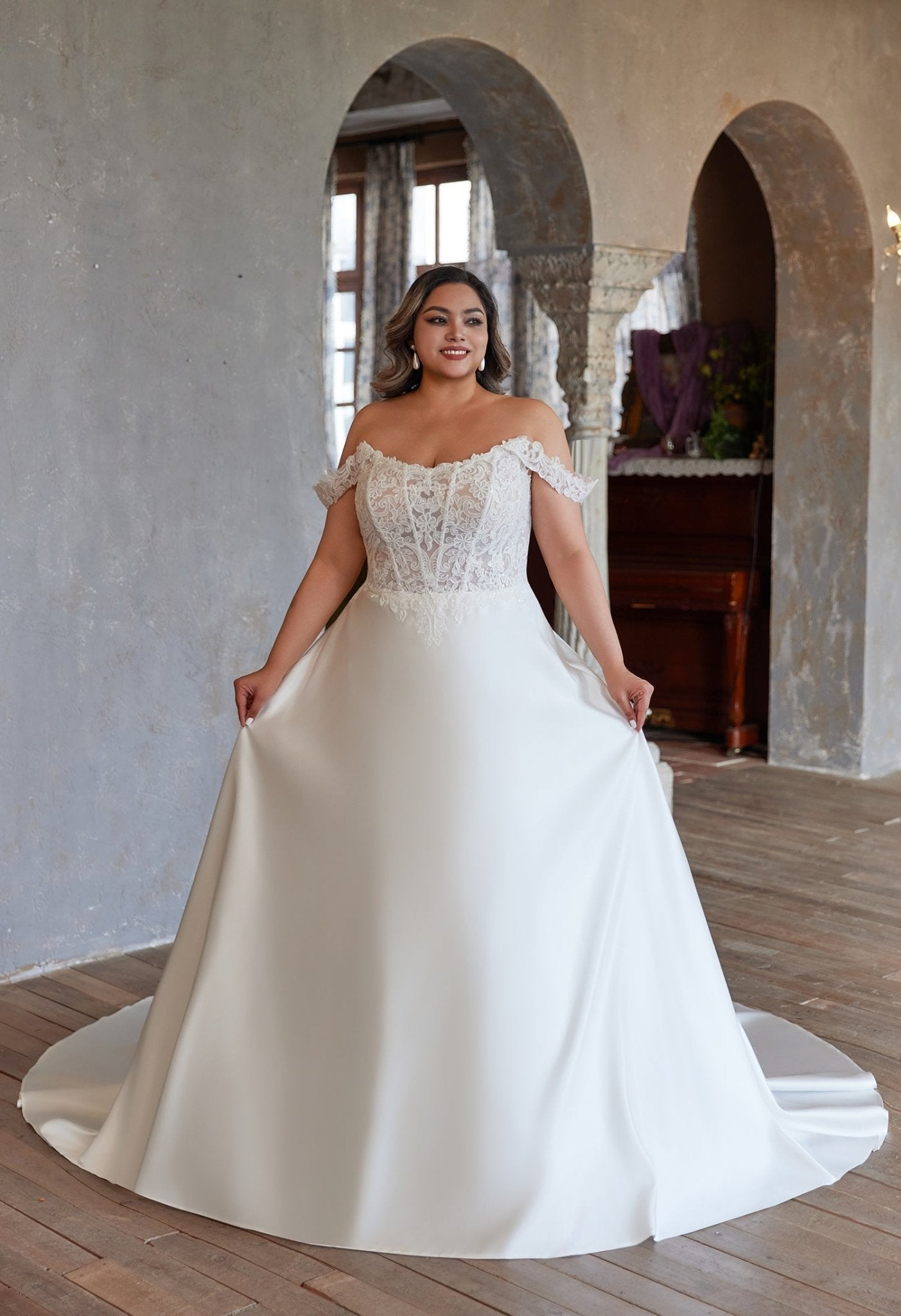 Farrah Couture HW3679 Off-the-Shoulder A-Line Wedding Dress - Silhouette Dresses