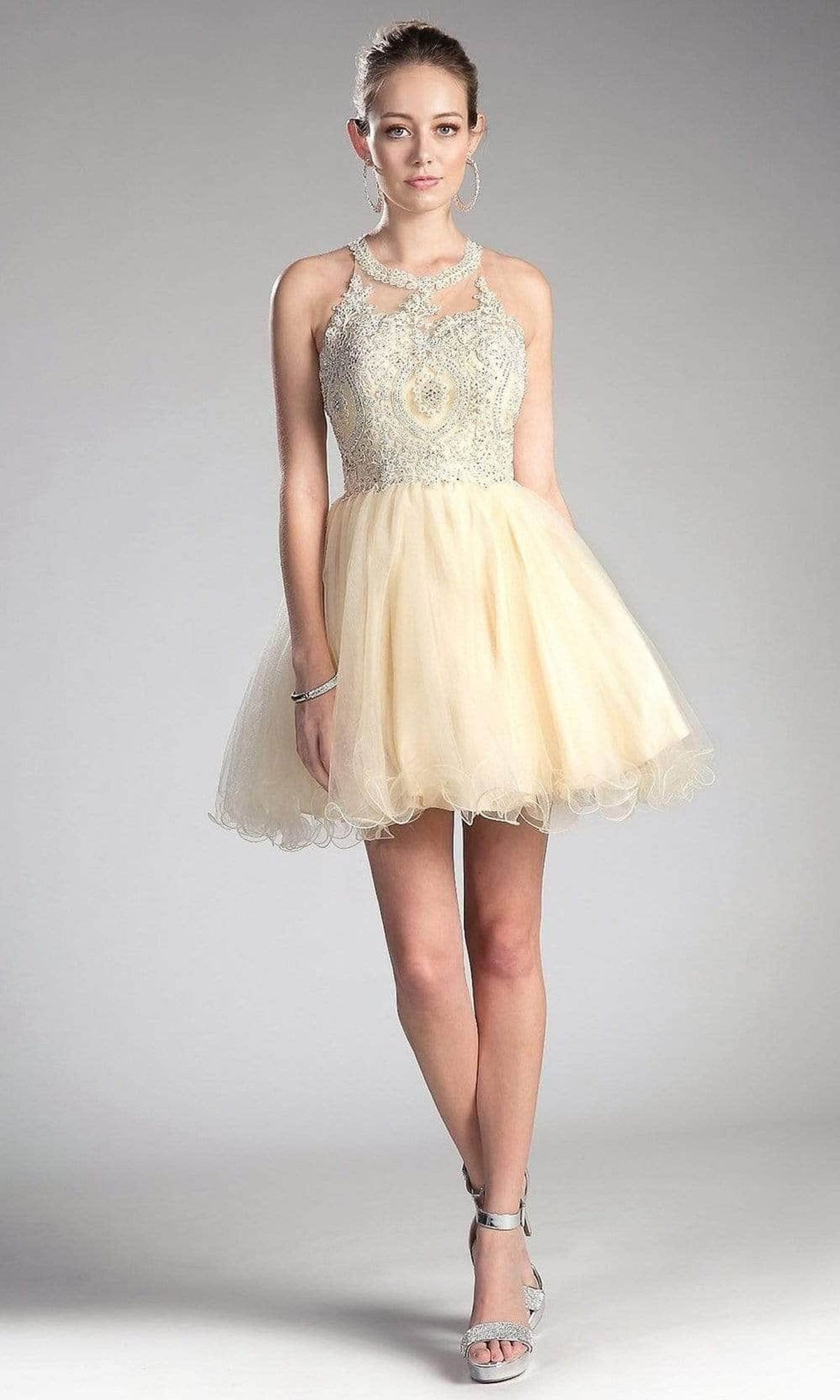Ladivine UJ0119 - Lace Appliqued Strappy Back Short Dress