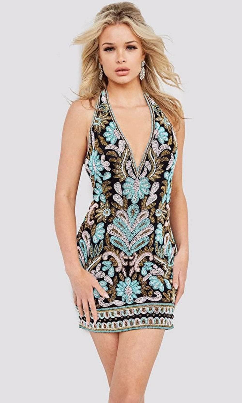 Jovani 000170 - Beaded Deep Halter Neck Short Dress - designer homecoming dress at Silhouette Dresses