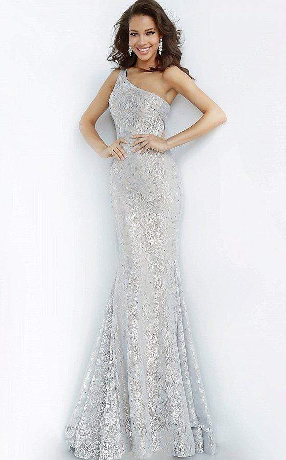Jovani - 00353 One Shoulder Stretch Metallic Lace Trumpet Dress - designer pageant gown at Silhouette Dresses