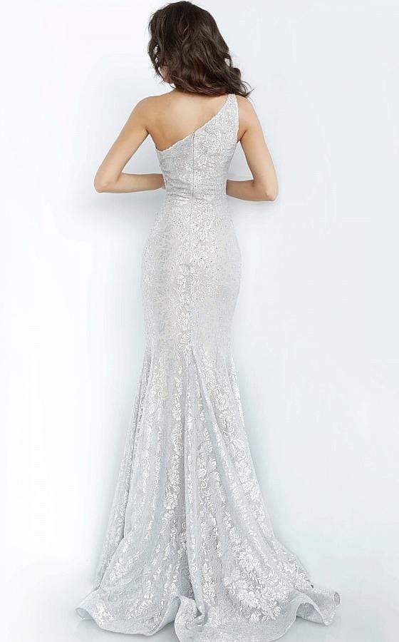 Jovani - 00353 One Shoulder Stretch Metallic Lace Trumpet Dress - back view