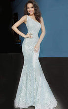 Jovani - 00353 One Shoulder Stretch Metallic Lace Trumpet Dress - detail view