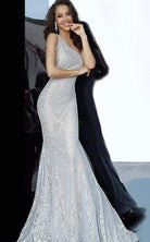 Jovani - 00353 One Shoulder Stretch Metallic Lace Trumpet Dress - view 4