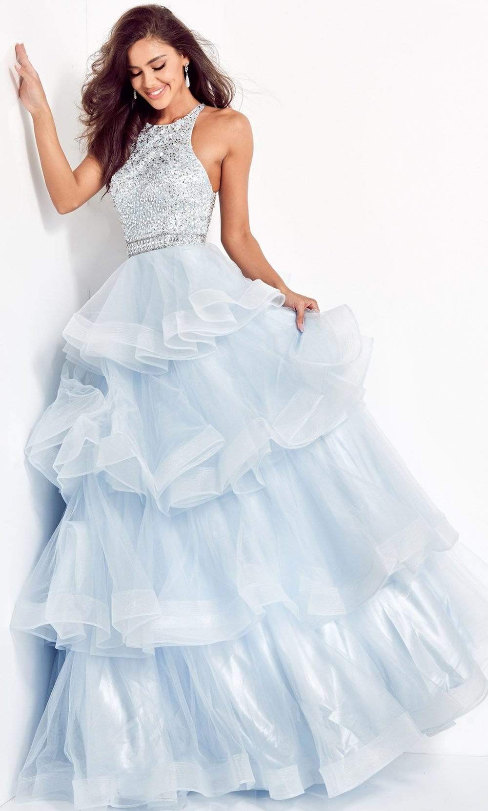 Jovani - 00461 Embellished Halter Tiered A-line Dress - designer prom dress at Silhouette Dresses
