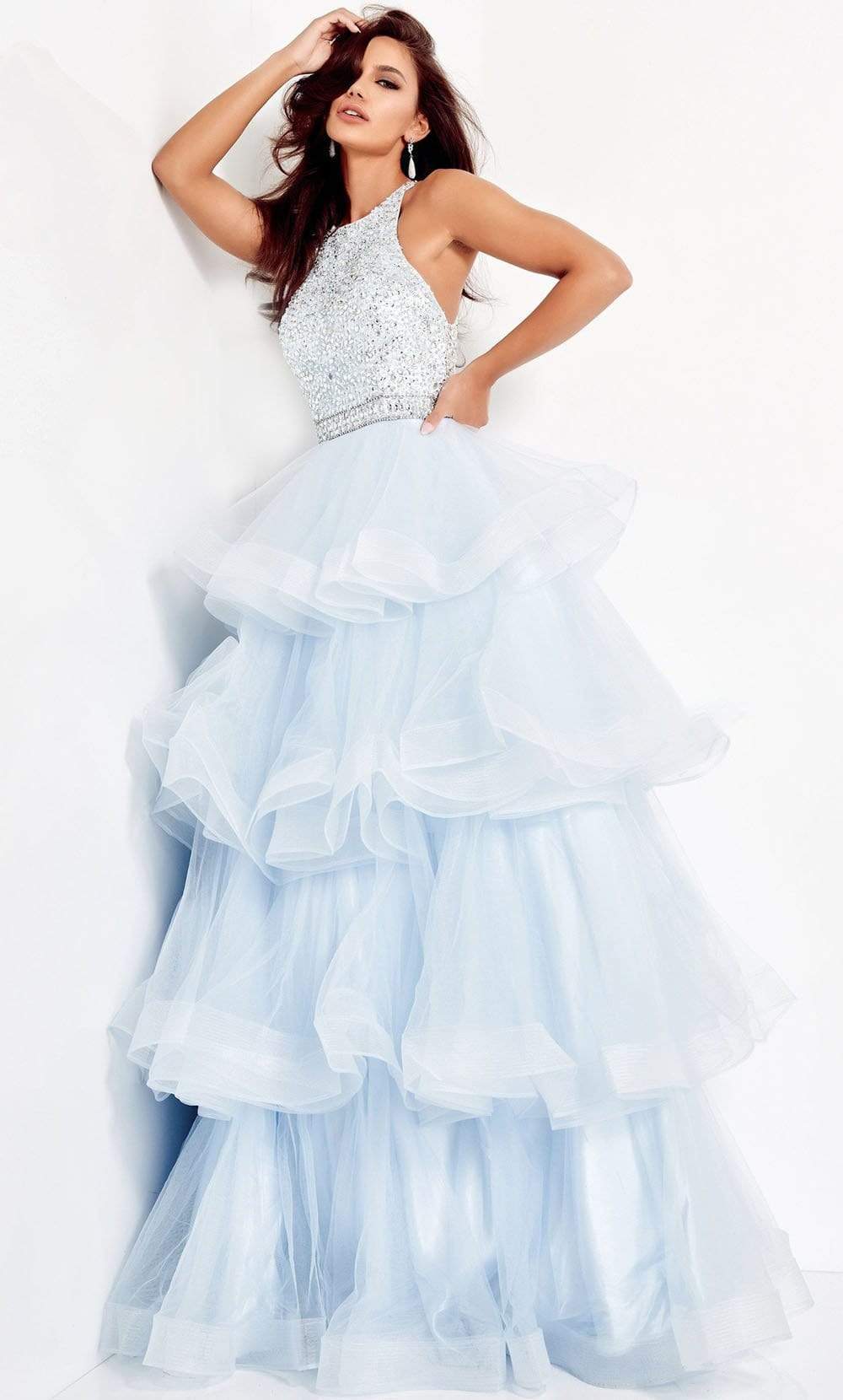 Jovani - 00461 Embellished Halter Tiered A-line Dress - detail view