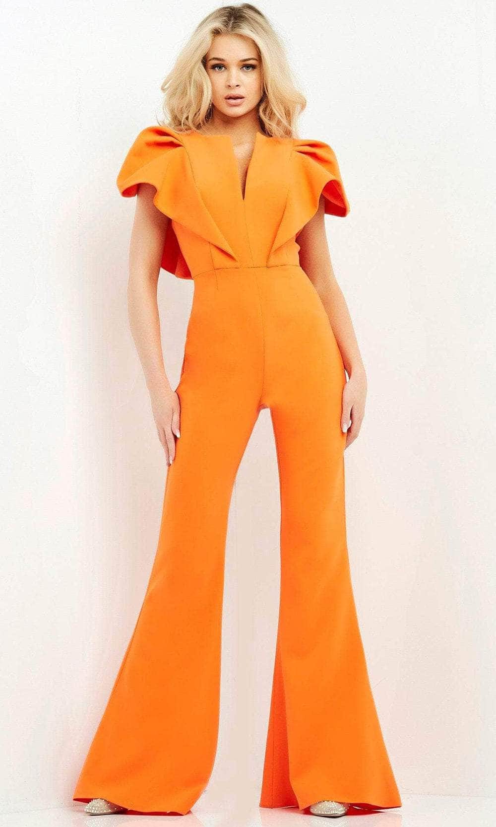 Jovani - 00762 Ruffle Angel Sleeved Split Neckline Jumpsuit - view 5
