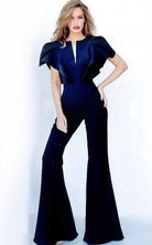 Jovani - 00762 Ruffle Angel Sleeved Split Neckline Jumpsuit - view 4