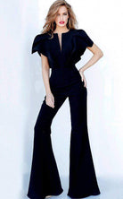 Jovani - 00762 Ruffle Angel Sleeved Split Neckline Jumpsuit - designer formal jumpsuit at Silhouette Dresses
