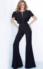 Jovani - 00762 Ruffle Angel Sleeved Split Neckline Jumpsuit - back view