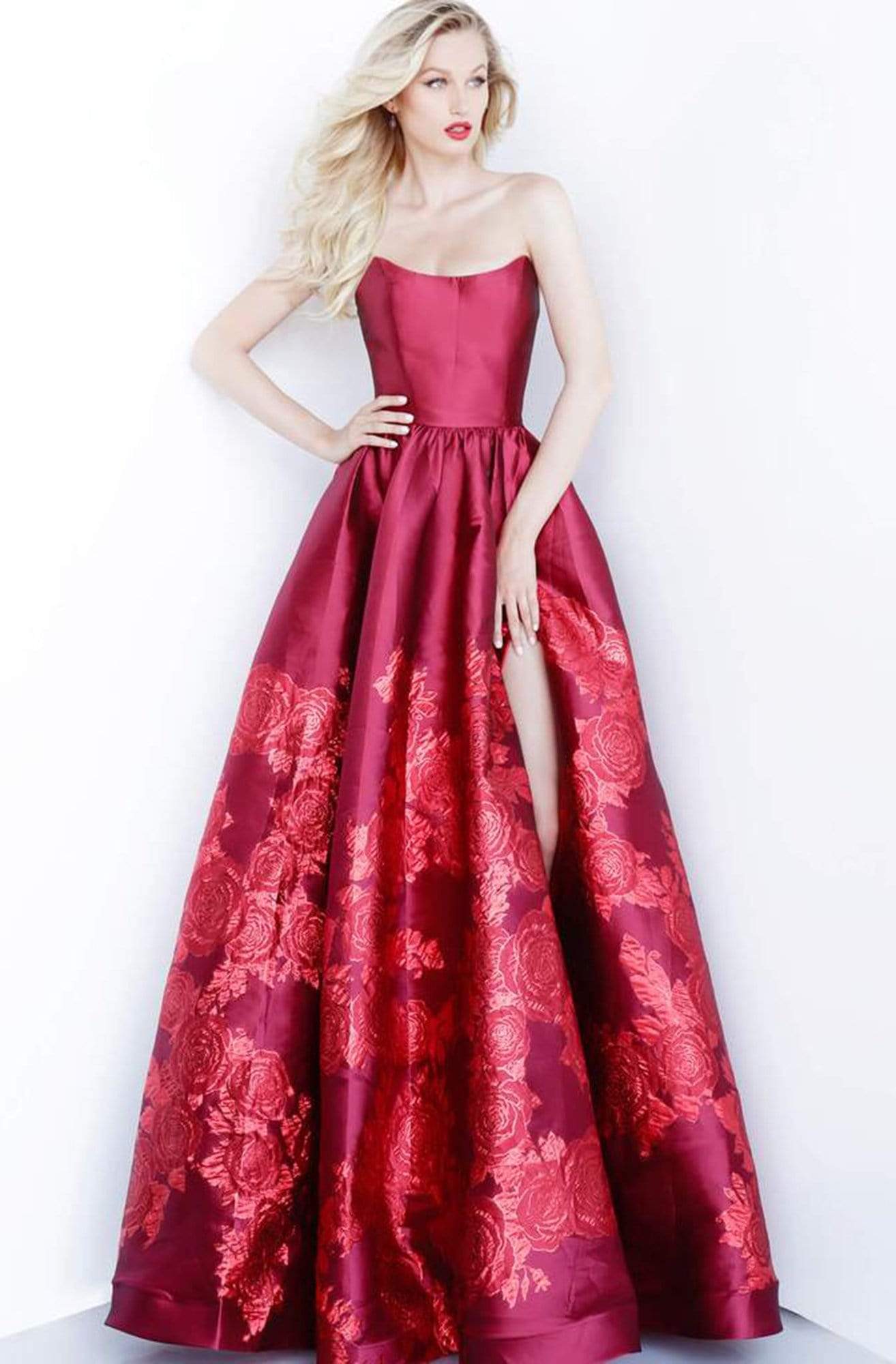 Jovani - 02038 Strapless Scoop Neck Floral Embroidered Gown - view 7