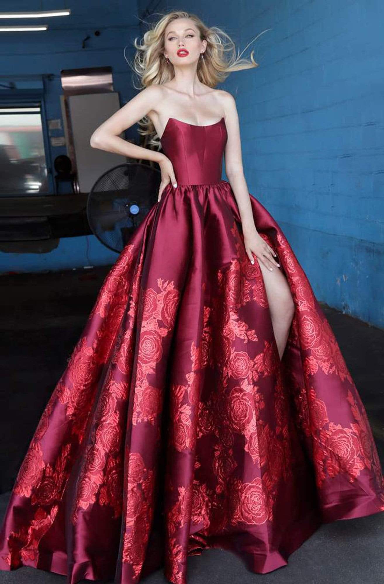 Jovani - 02038 Strapless Scoop Neck Floral Embroidered Gown - detail view
