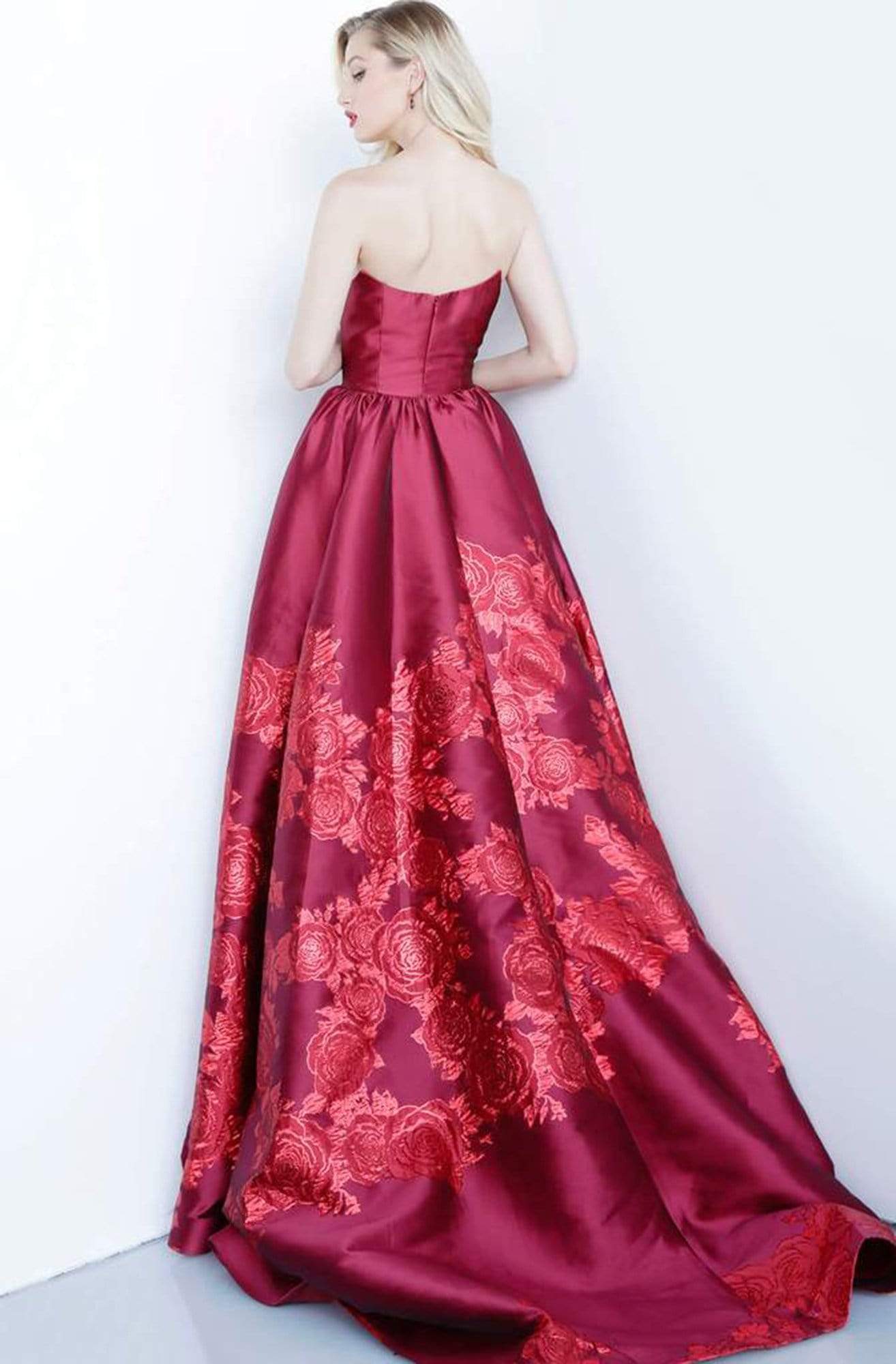 Jovani - 02038 Strapless Scoop Neck Floral Embroidered Gown - back view