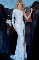 Jovani - 02168 Asymmetrical Beaded Lace Sheath Dress - detail view