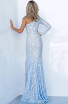 Jovani - 02168 Asymmetrical Beaded Lace Sheath Dress - back view