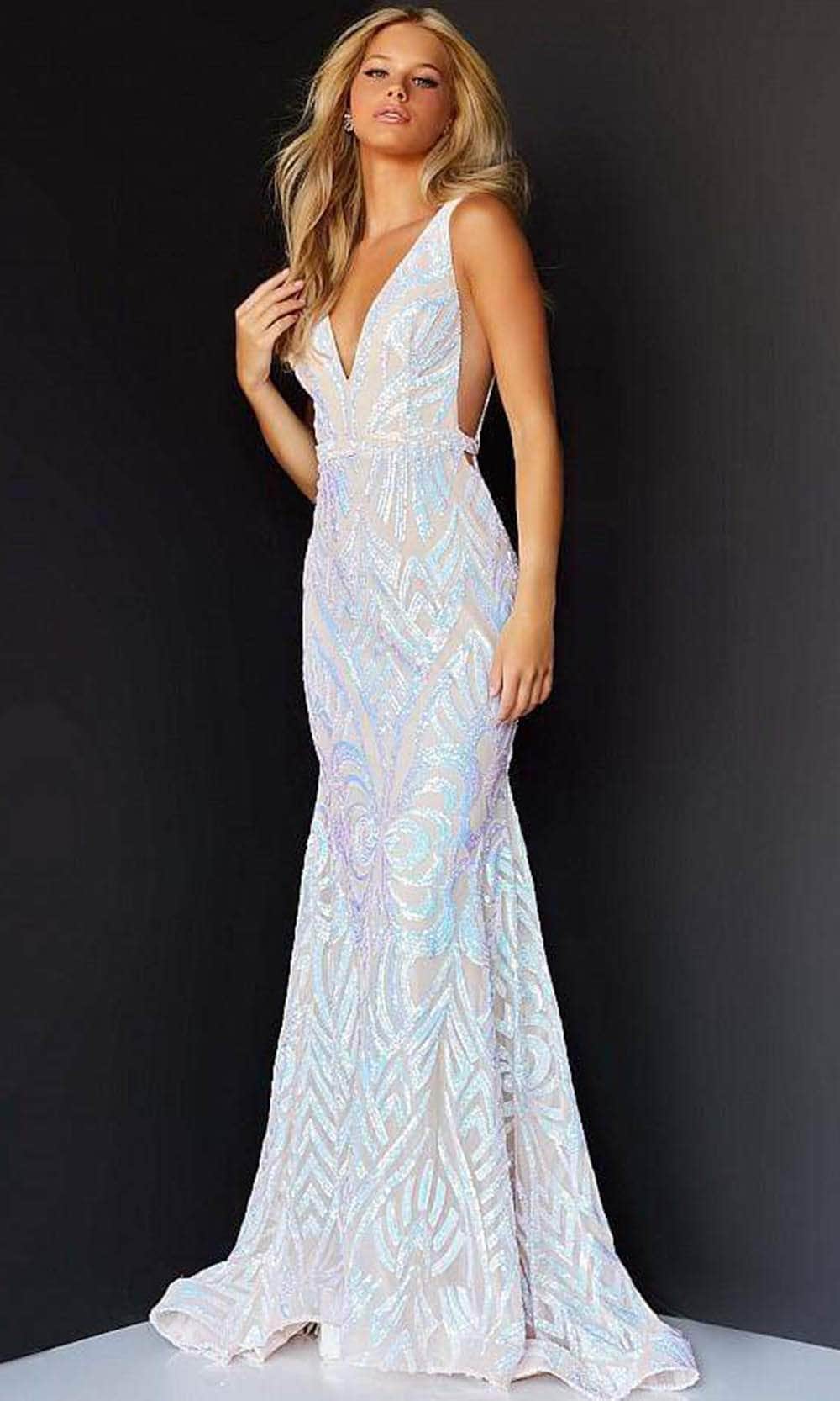 Jovani - 02753 Plunging Neck Open Back Sequin Embellished Mermaid Gown - back view