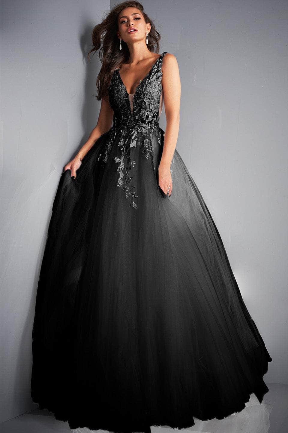 Jovani - 02840 Plunging Neck Floral Applique Tulle Ballgown - designer ball gown at Silhouette Dresses