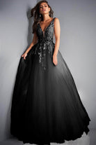 Jovani - 02840 Plunging Neck Floral Applique Tulle Ballgown - designer ball gown at Silhouette Dresses