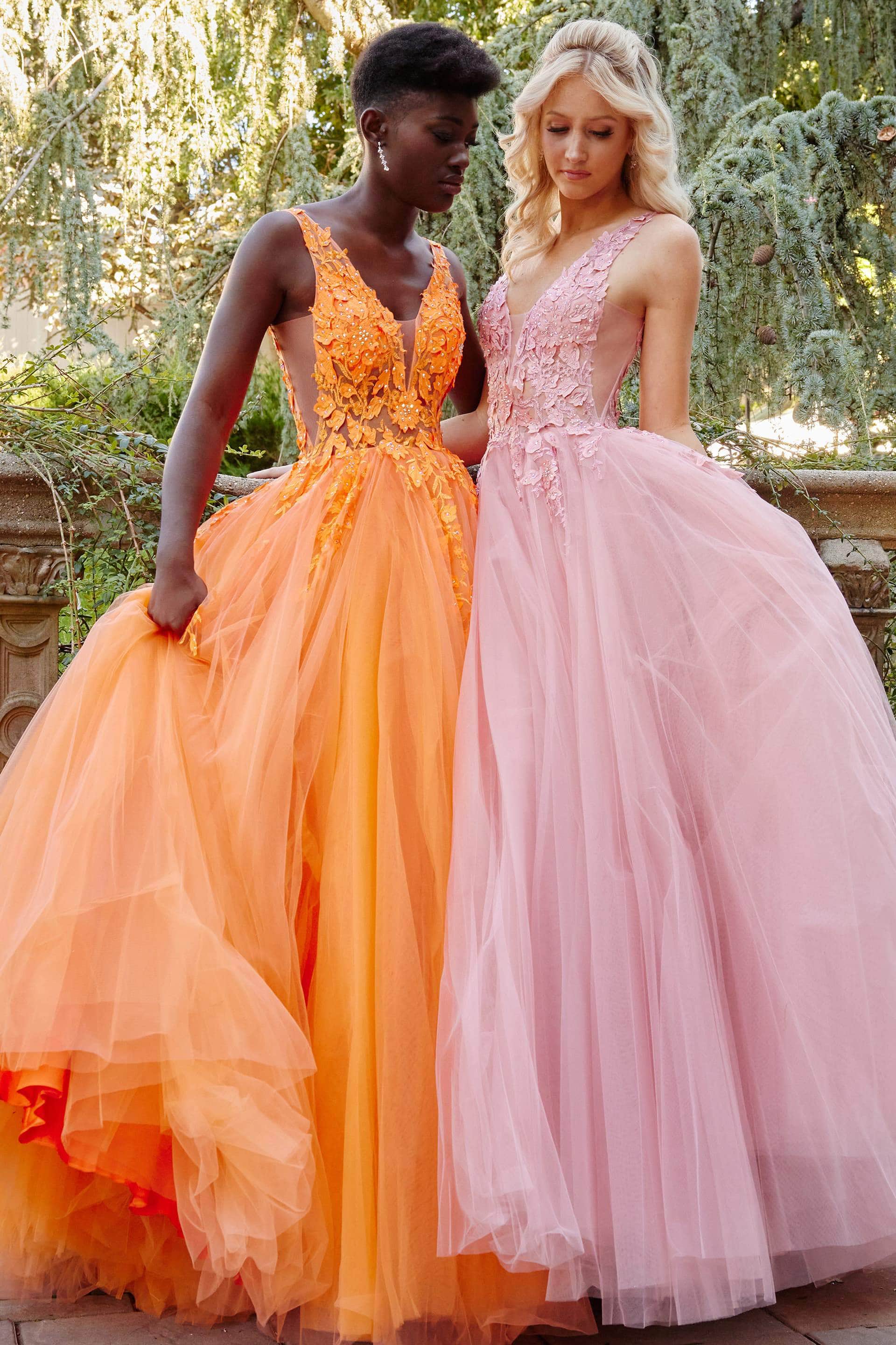 Jovani - 02840 Plunging Neck Floral Applique Tulle Ballgown - view 5