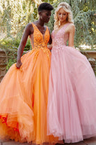 Jovani - 02840 Plunging Neck Floral Applique Tulle Ballgown - view 5