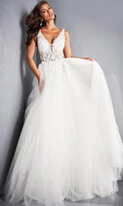 Jovani - 02840 Plunging Neck Floral Applique Tulle Ballgown - view 12