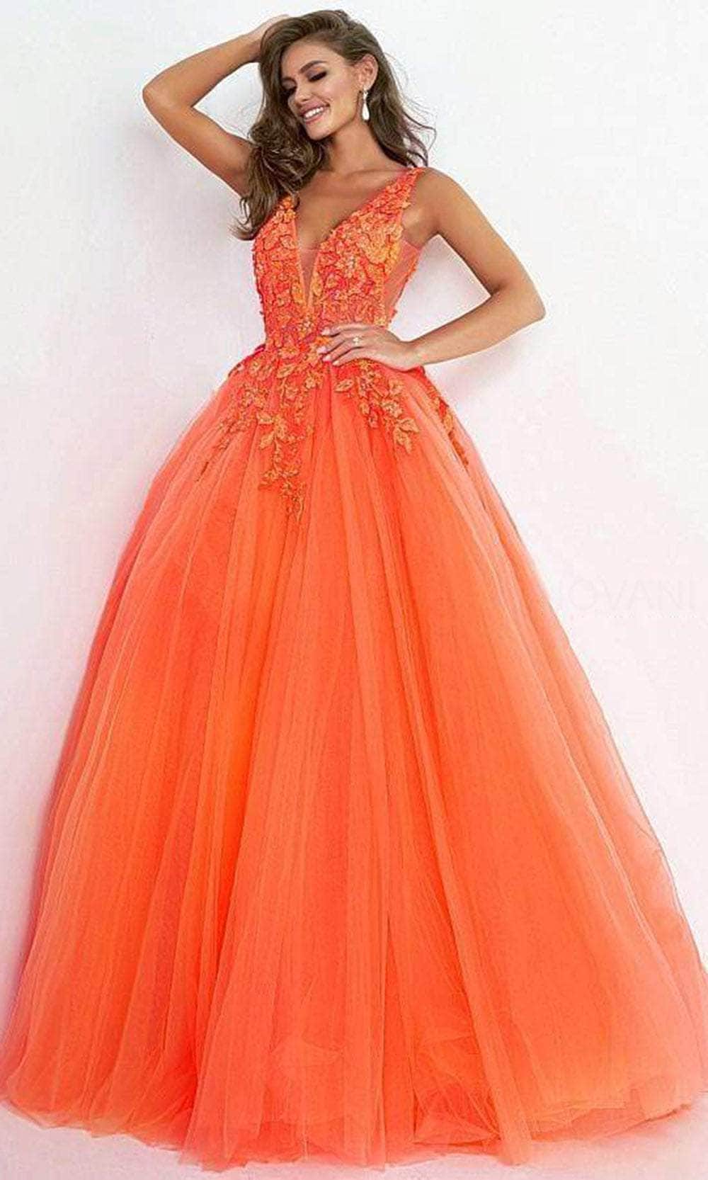 Jovani - 02840 Plunging Neck Floral Applique Tulle Ballgown - view 7