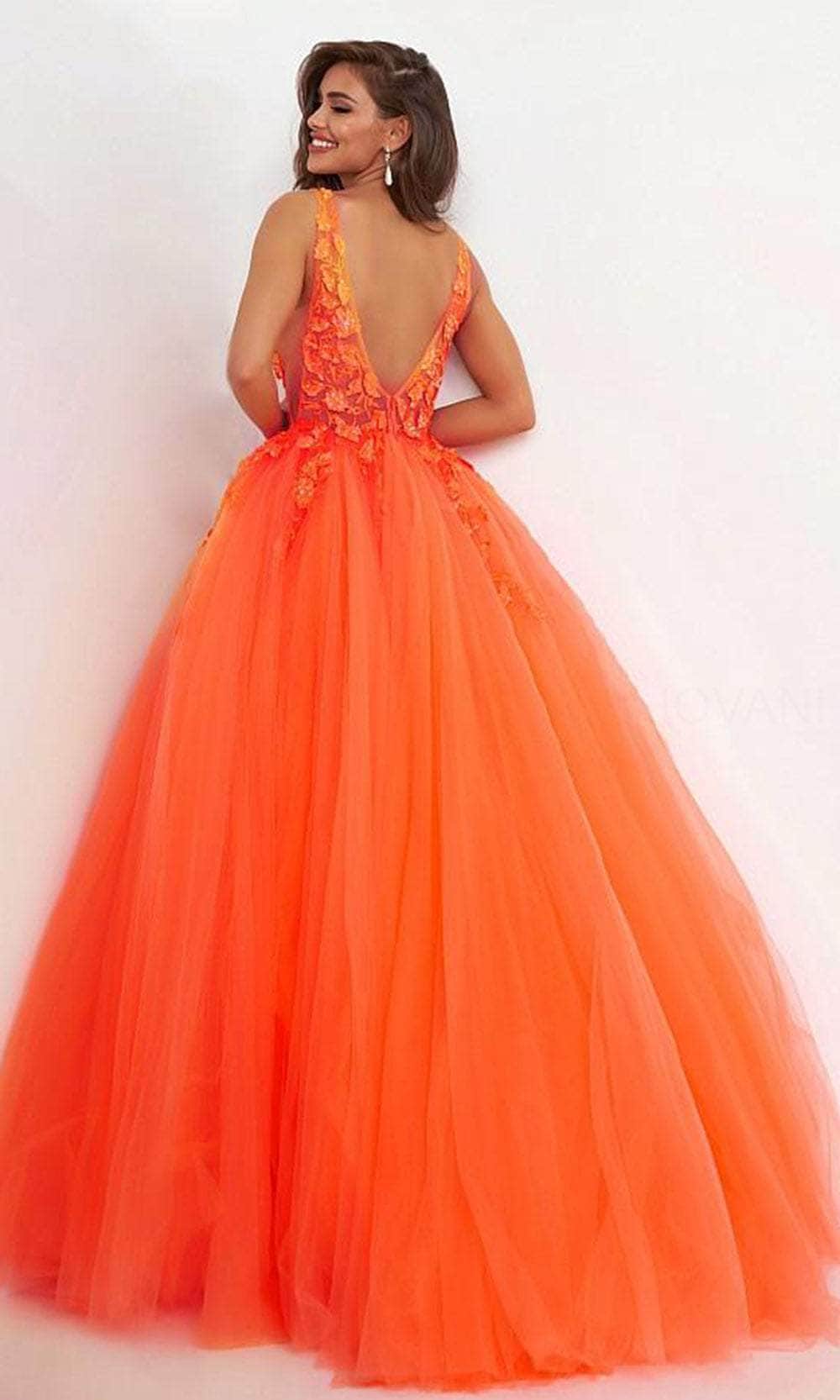 Jovani - 02840 Plunging Neck Floral Applique Tulle Ballgown - view 8
