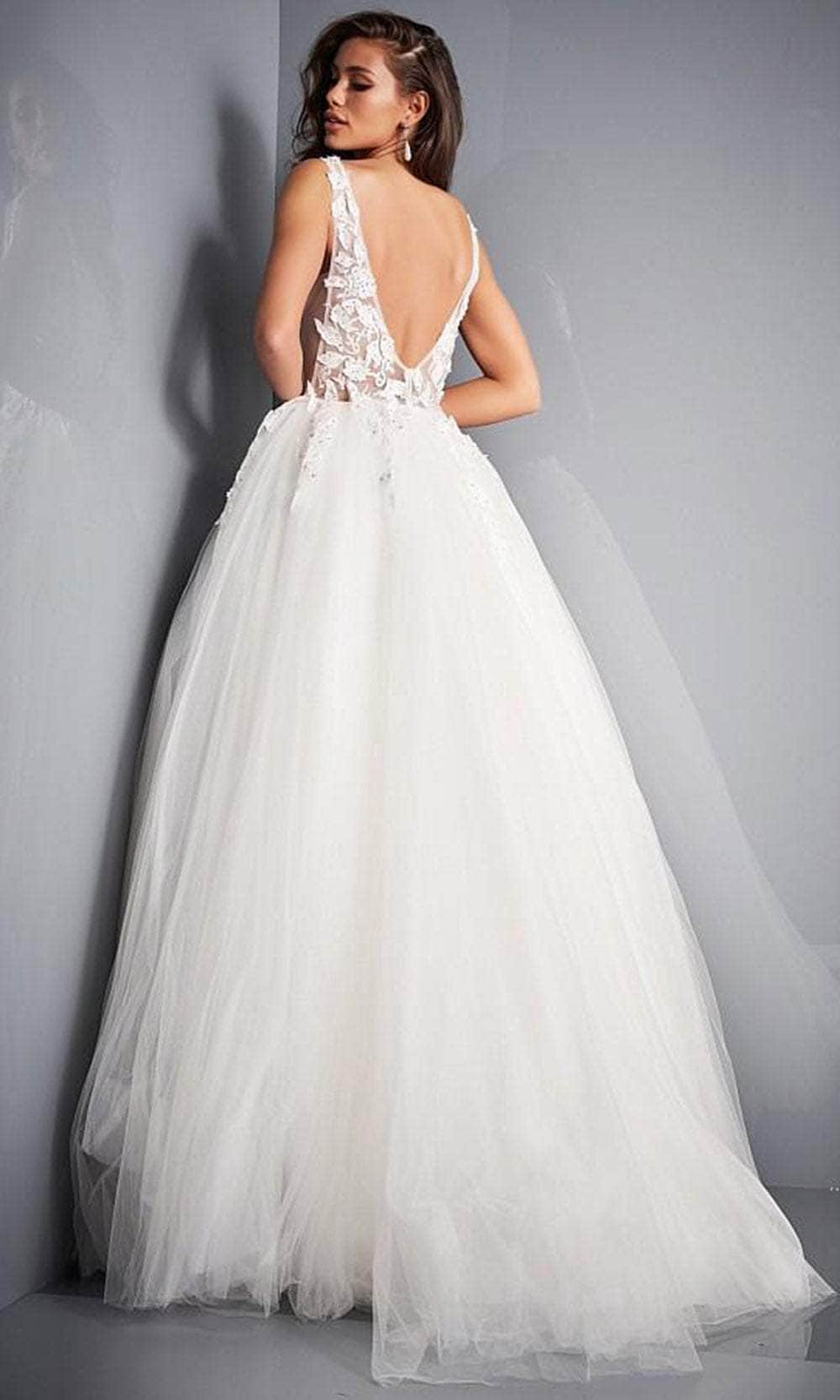 Jovani - 02840 Plunging Neck Floral Applique Tulle Ballgown - back view