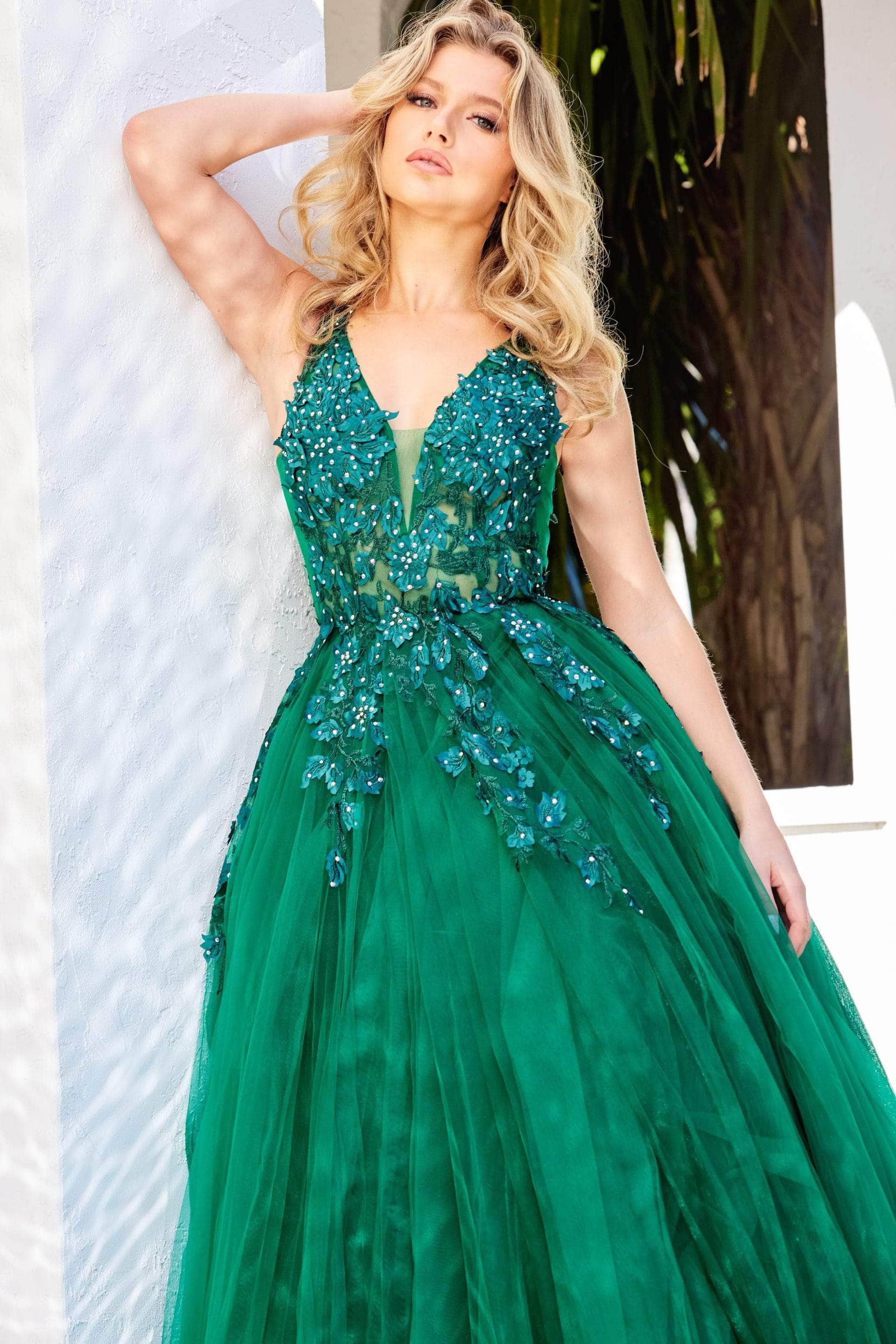 Jovani - 02840 Plunging Neck Floral Applique Tulle Ballgown - view 10