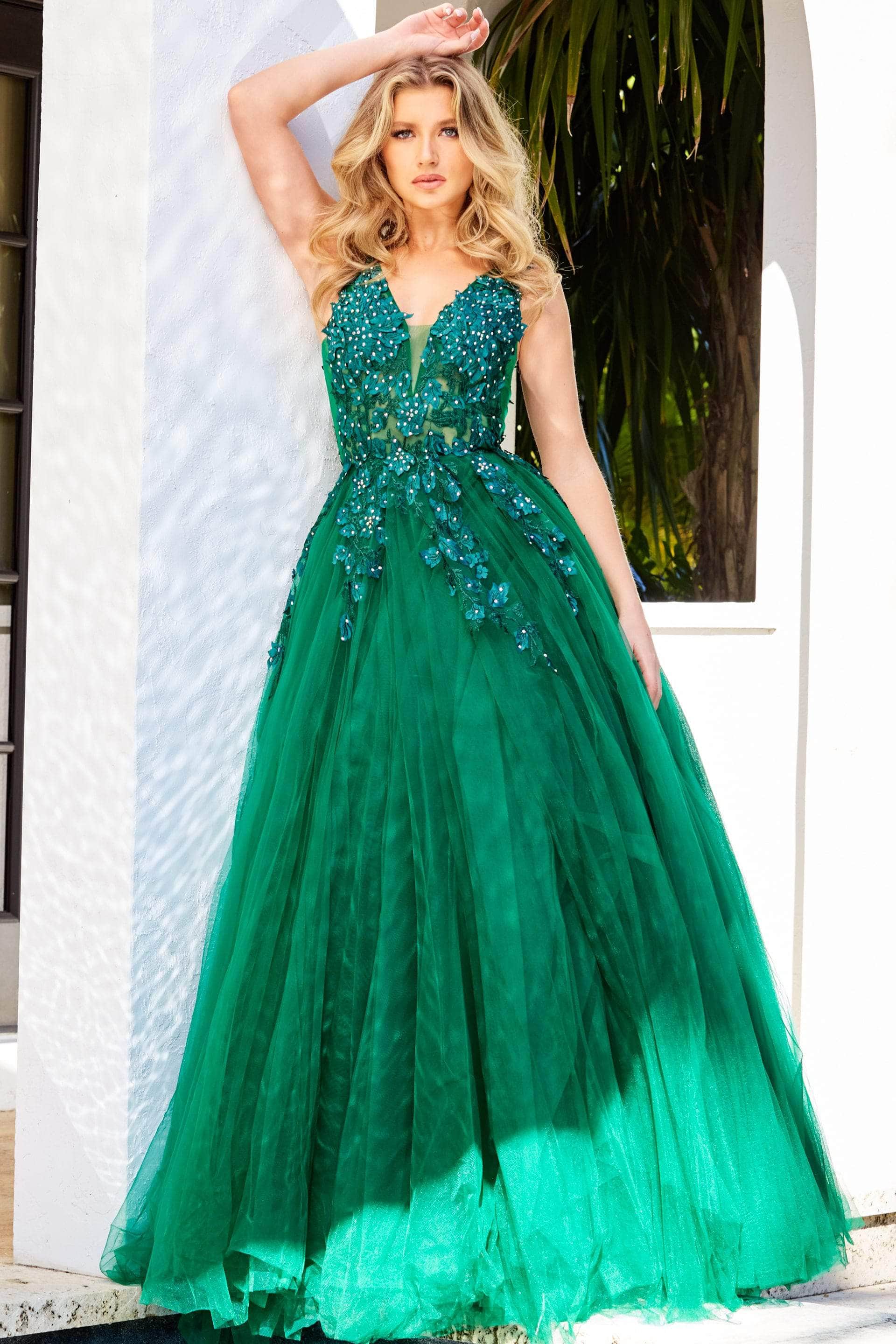 Jovani - 02840 Plunging Neck Floral Applique Tulle Ballgown - view 11