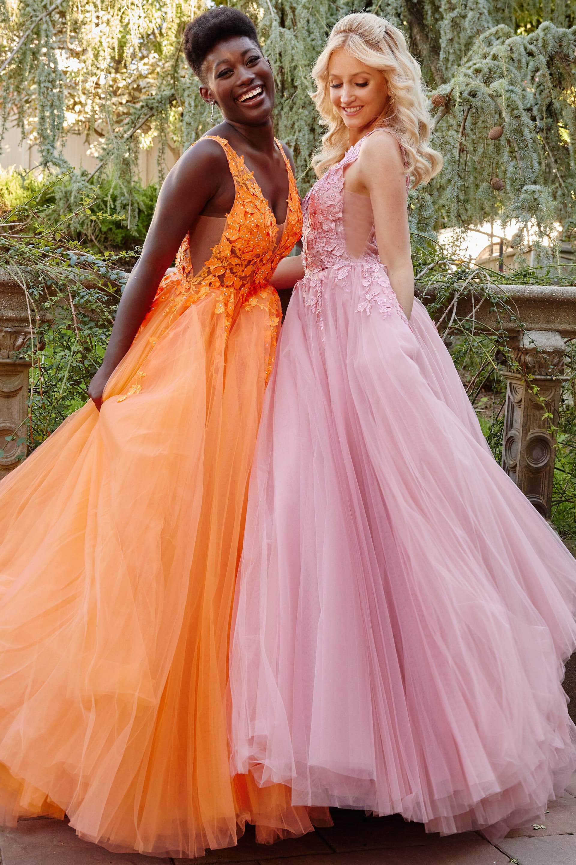 Jovani - 02840 Plunging Neck Floral Applique Tulle Ballgown - view 4