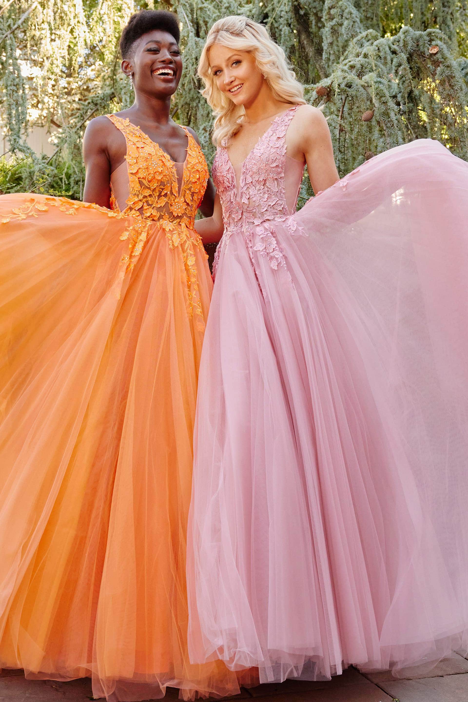 Jovani - 02840 Plunging Neck Floral Applique Tulle Ballgown - view 6