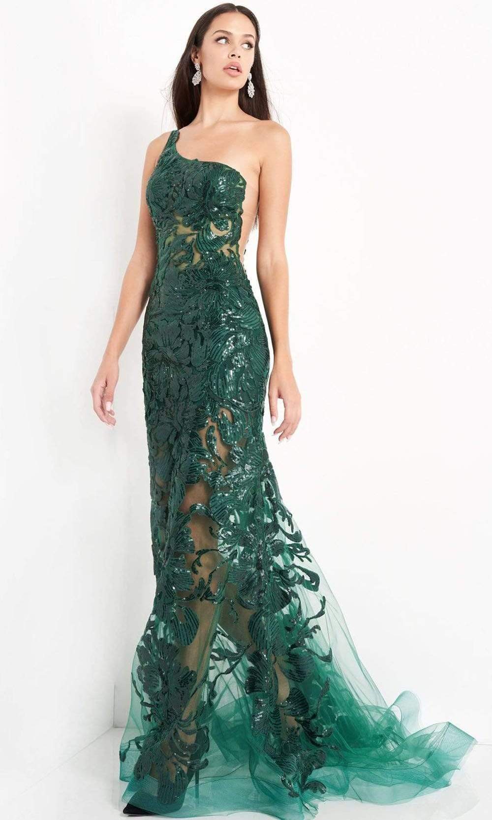 Jovani - 02895 One Shoulder Illusion Simple Prom Mermaid Gown - back view