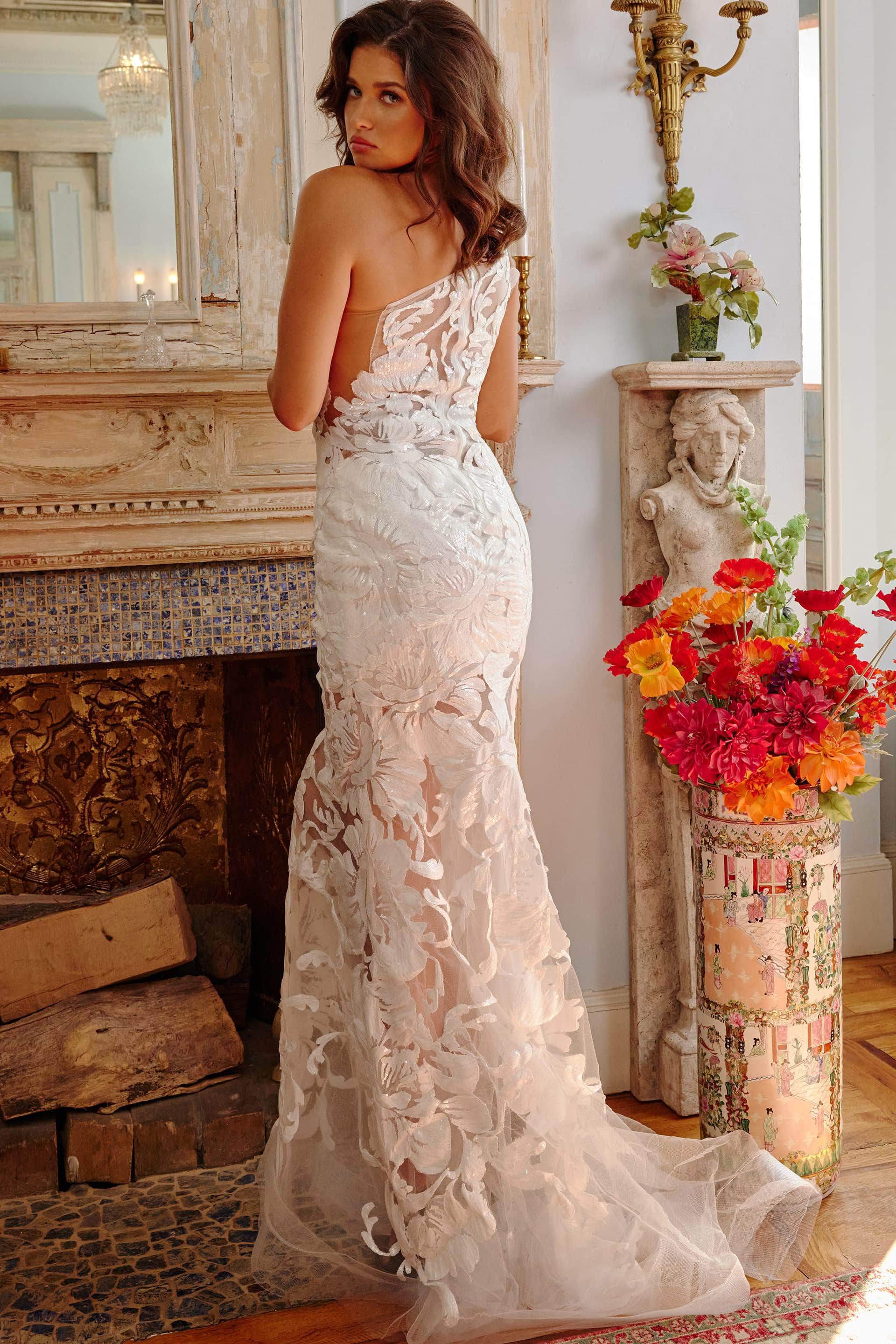 Jovani - 02895 One Shoulder Illusion Simple Prom Mermaid Gown - view 4