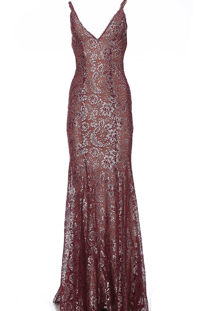 Jovani - 02906 Backless Metallic Lace Mermaid Gown - view 6
