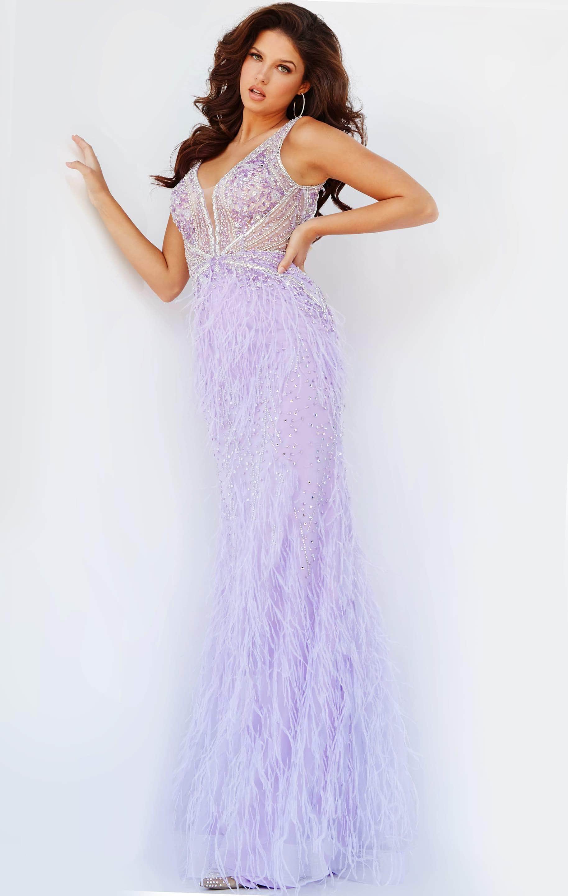 Jovani - 03023 Sheer Bodice Beaded Adorned Feather Fitted Evening Gown - view 14